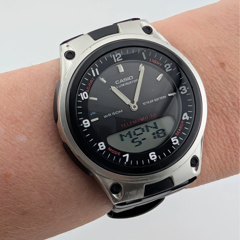 Casio AW-80 Telememo 30 Analog Digital‎ World Time Watch Black Resin